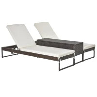 3pz Componibile 2 Lettino Prendisole da Giardino (60 x 195 x 86cm) e 1 Tavolino (121 x 40 x 50cm) Rattan con Materassini, Marrone e Bianco Crema
