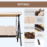 Dondolo 3 Posti con Tetto Regolabile, Portabicchieri e Cuscini, in Metallo e Poliestere, 208x121x172 cm, Beige