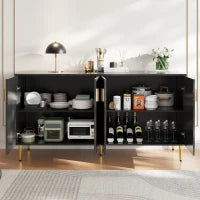 Credenza Moderna con Design a Onde, 4 Ante e 2 Cassetti, Manici e Piedi Dorati, per Soggiorno e Cucina, 152x40x75 cm, Nero
