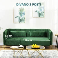Divano 3 Posti Moderno con Cuscini Imbottiti, Gambe in Acciaio e Tessuto Vellutato, 200x88x76 cm, Verde