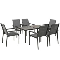 Set da Giardino 7 Pezzi con 1 Tavolo da Pranzo e 6 Sedie, Piano in Vetro Temperato Effetto Legno Grigio