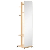 Specchio A Terra Con Ruote - Appendiabiti, 4 Ganci Ripiano MDF Effetto Legno Chiaro