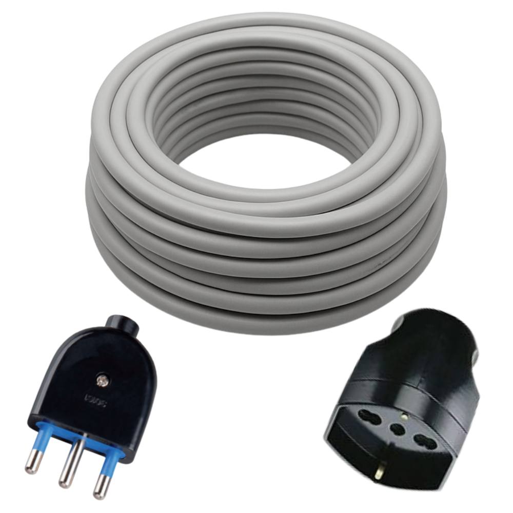 kit composto da 20 mt cavo fror grigio + presa schuko 10/16a + spina nera 16a