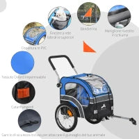 Carrello 2 in 1 Passeggino per Cani e Rimorchio Bici, Ruota Girevole Catarifrangenti e Bandierina 130x58x94cm Blu