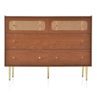 Credenza cucina Vintage con 6 Cassetti con Rattan e Maniglie Dorate per Camera da Letto e Soggiorno, Noce