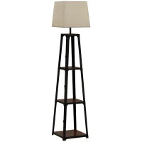 Lampada da Terra in Metallo e MDF a 3 Ripiani con Paralume in Tessuto, Ø42x166 cm, Nero e Beige