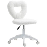 Sedia da Ufficio Imbottita con Schienale a Cuore e Rotelle, in Velluto Teddy e Plastica, 45x56x78-88 cm, Bianco