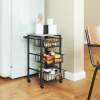 Carrello da Cucina a 3 Cestelli con Maniglia, in Acciaio e Legno, 49.5x31x69 cm, Nero e Grigio Chiaro