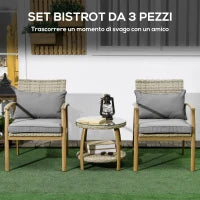 Salotto da Giardino in Rattan con 2 Poltroncine con Cuscini e Tavolino in Vetro, Marrone e Grigio