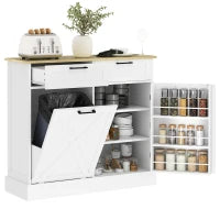 Buffet da cucina con mobile poubelle 38L, mobile cucina archiviazione, 2 cassetti, mensola per spezie e piano di lavoro, bianco