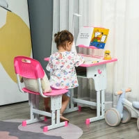 Set Scrivania e Sedia per Bambini 6-12 Anni ad Altezza Regolabili, Banco Scuola con Lampada, Cassetto, Gancio, Portapenne e Leggio, Set Banco con Sedia per Bambini in Acciaio e MDF, Rosa
