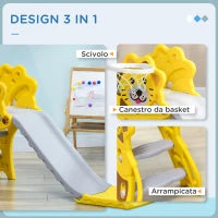 Scivolo per Bambini 18-36 Mesi con Canestro da Basket Laterale in PE, 131x50x74 cm, Giallo e Grigio