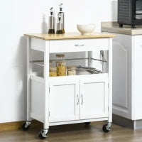 Carrello Cucina con Cassetto Armadietto e Scaffale, Carrellino Portavivande con Piano in Bambù e 4 Ruote, Bianco