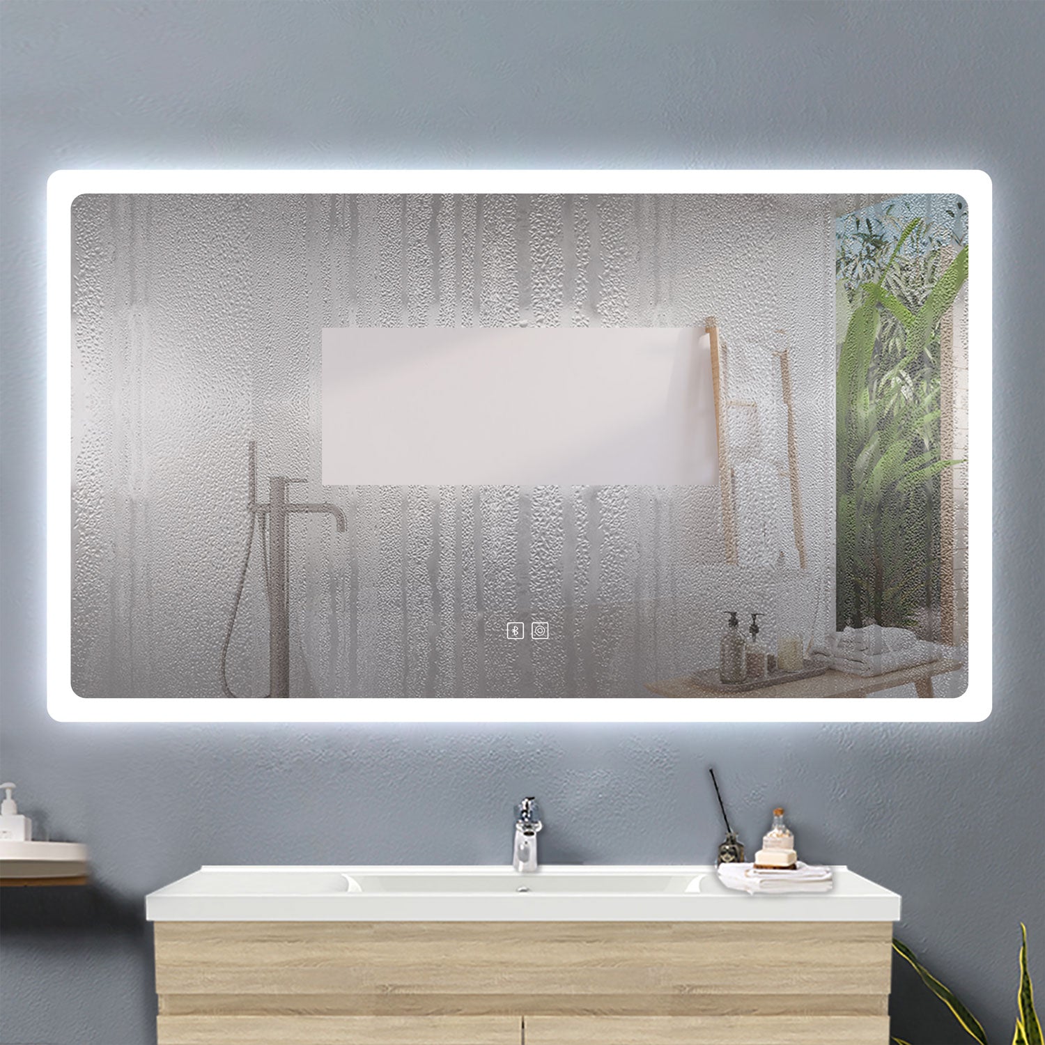 AICA Specchio da bagno a LED, Rettangolare 70 x 50 cm, Anti nebbia, Regolabile 3 LED di colore, Bluetooth