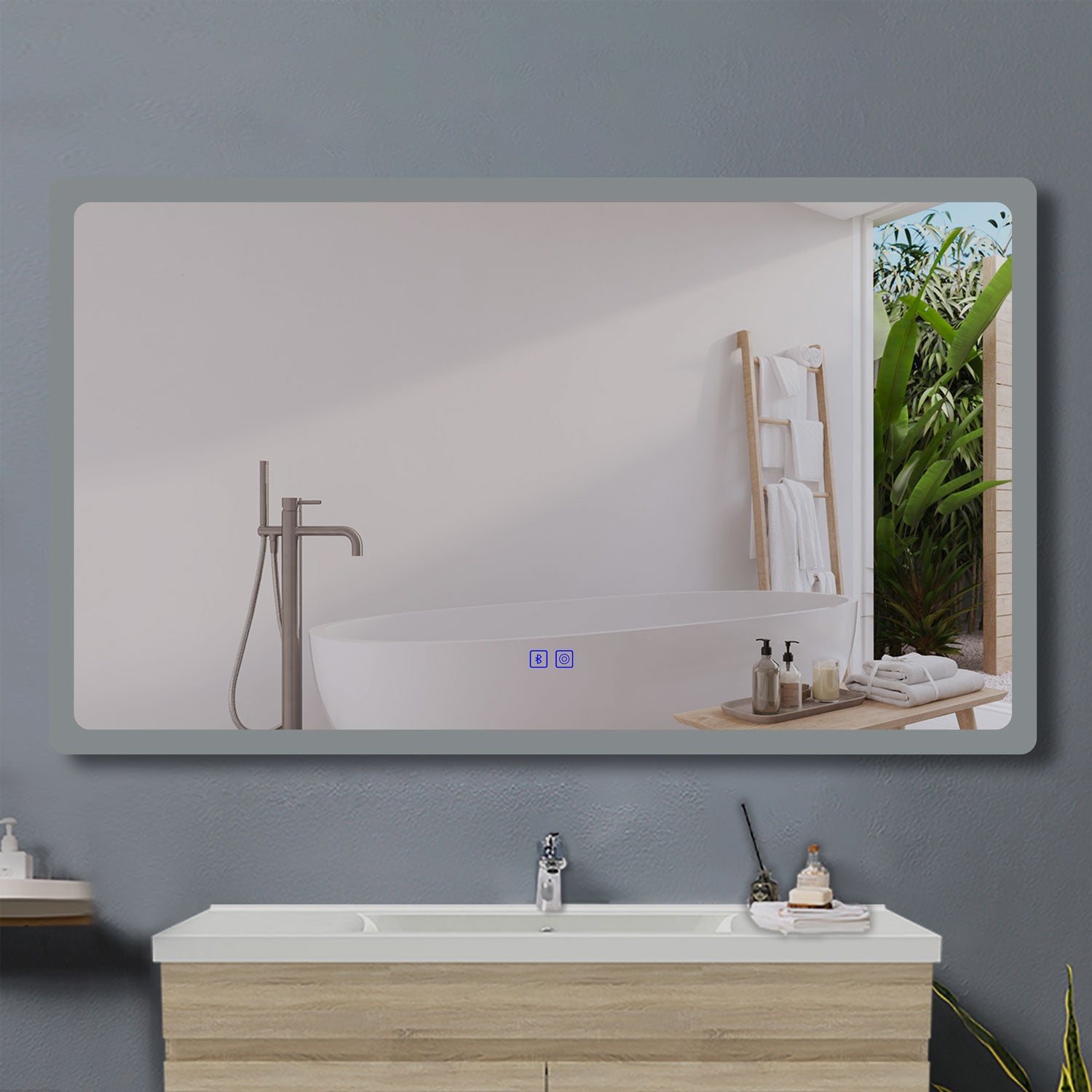 AICA Specchio da bagno a LED, Rettangolare 70 x 50 cm, Anti nebbia, Regolabile 3 LED di colore, Bluetooth