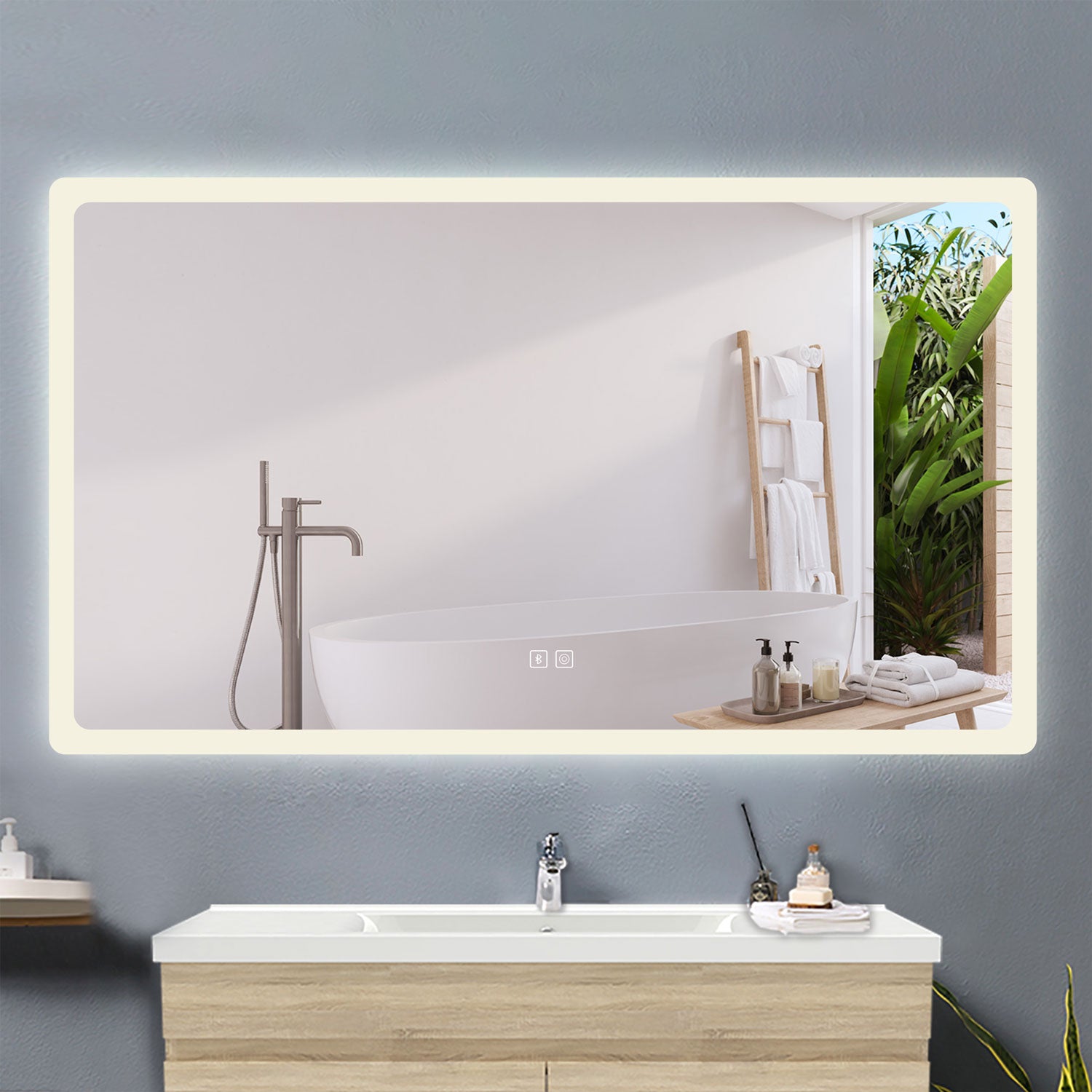 AICA Specchio da bagno a LED, Rettangolare 70 x 50 cm, Anti nebbia, Regolabile 3 LED di colore, Bluetooth