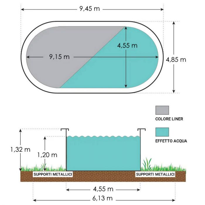 Piscina Fuori Terra Steeldesign Omega - 9,15 X 4,60 X H.1,32 M - Kit Base