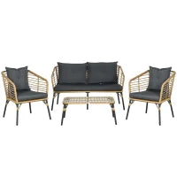 Set da Giardino 4 Pezzi in Rattan PE e Acciaio con 2 Sedie, Divano 2 Posti e Tavolino, Marrone Nero e Grigio