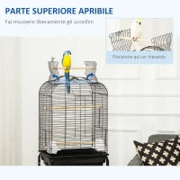 Gabbia per Uccelli con 3 Posatoi, 2 Ciotole e 2 Porte Laterali, in Acciaio, PP e Legno, 46x36x130 cm, Nera