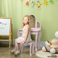 Tavolo per Trucco per Bambine 3-6 Anni con Sgabello, Cassetti e Specchio Coordinato in Acrilico, Rosa