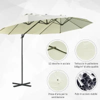 Ombrellone Doppio in Acciaio e Poliestere Anti-UV Impermeabile, 445x270x260cm, Beige