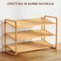 Scaffale Scarpiera a 3 Livelli per 12 Scarpe con Ripiani a Doghe in Bambù, 76x33x50.8 cm, Colore Legno