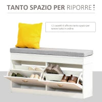 Panca Scarpiera Salvaspazio in Legno con Cuscino, 2 Cassetti con Mensola Regolabile per 8 Scarpe, 104x24x55cm, Bianco