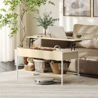 Tavolino da Caffè Sollevabile con Chiusura Morbida, Spazio Nascosto di Archiviazione e Scaffale Aperto, 95x40x59 cm, Legno Naturale e Bianco