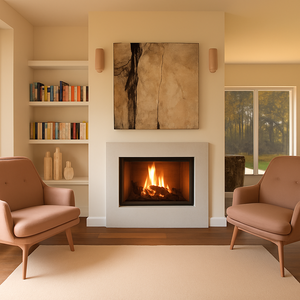 Camino a legna prefabbricato in ghisa con focolare aperto su due lati m100tghj2l