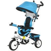 Triciclo per Bambini con Maniglione 6 in 1, Tettuccio Regolabile e Cintura di Sicurezza, Età 1-5 Anni, Blu