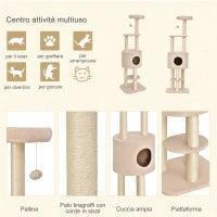 Albero Tiragraffi Robusto per Gatti con 5 Livelli, Cuccia, Casetta, Giochi e Corda Sisal, Beige, Max 30kg
