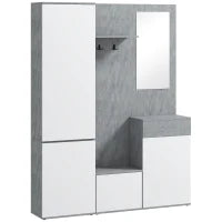 Mobile da Ingresso 4 in 1 con Specchio, Ganci e Ripiani Interni, in Legno, 145x29x184 cm, Grigio e Bianco