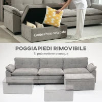 Divano Angolare Modulare con Chaise Longue, Pouf Contenitore e Rivestimento in Ciniglia, Grigio