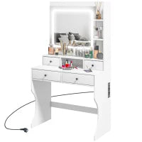 Toeletta Trucco con Luci LED 3 Tonalità e Specchio, Prese USB, 4 Cassetti e Mensole, 90x45x160cm, Bianco
