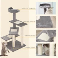 Tiragraffi per Gatti da 100cm con Lettino Rotondo, Pali in Sisal e Rivestimento in Peluche, Grigio