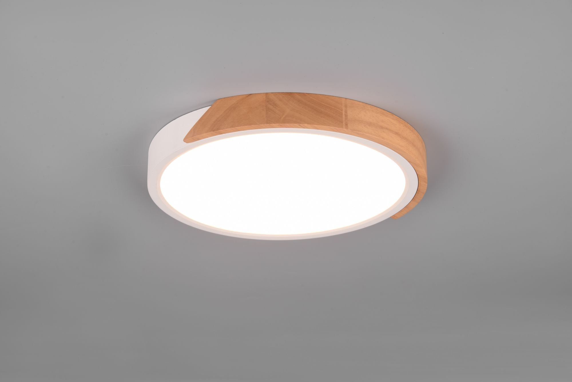 JANO PLAFONIERA LED 20W 2400lm, 3000K ROTONDA BORDO BIANCO E LEGNO NATURALE CON FUNZIONE DI REGOLAZIONE INTENSITA' CON NORMALE INTERRUTTORE A PARETE D. 31,5CM