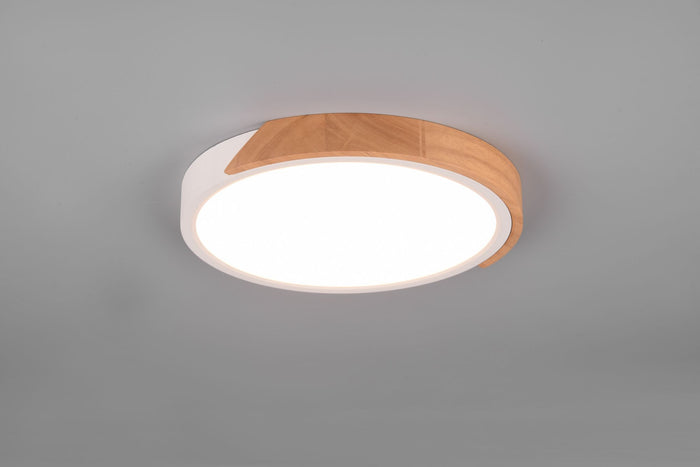 JANO PLAFONIERA LED 20W 2400lm, 3000K ROTONDA BORDO BIANCO E LEGNO NATURALE CON FUNZIONE DI REGOLAZIONE INTENSITA' CON NORMALE INTERRUTTORE A PARETE D. 31,5CM