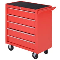 Carrello Porta Attrezzi a 5 Cassetti con Serratura, 4 Ruote e Maniglia, Carrello Officina in Acciaio 69x33x75cm, Rosso