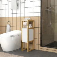 Mobile Bagno Salvaspazio con Porta Carta Igienica, Armadietto e Ripiano in Bambù, 20x33x80cm, Bianco