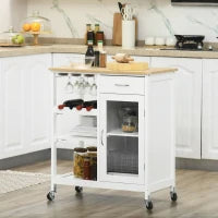 Carrello da Cucina con Ruote, Multi-Archiviazione, Armadio con Porta, Portabottiglie, Ripiani, Cassetto, Bianco