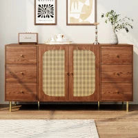 Credenza in rattan con cassetti per cucina e soggiorno, 160x40x90 cm, Marrone