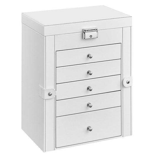 Grande portagioie/scrigno a 6 ripiani con ali cassetti specchio e chiusura per bracciali orecchini anelli e collane - Idea regalo - Bianco - 12_0004306