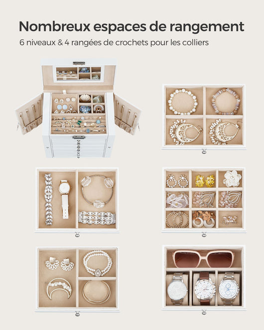 Grande portagioie/scrigno a 6 ripiani con ali cassetti specchio e chiusura per bracciali orecchini anelli e collane - Idea regalo - Bianco - 12_0004306