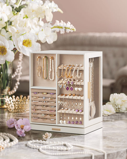 Portagioie girevole a 360° con 5 cassetti finestre laterali in vetro ampio spazio per accessori design aperto 12_0004348