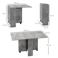 Tavolo Pieghevole in Legno per 4-6 Persone con Ruote, 75x140x74cm, Grigio