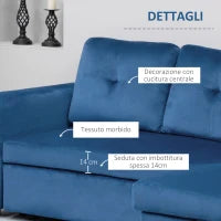 Divano Letto Angolare 3 Posti Effetto Velluto e Chaise Longue con Contenitore, 232x141x85cm, Blu