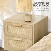 Set 2 Comodini per Camera da Letto Stile Boho con 2 Cassetti, 40x40x56cm, Legno Naturale