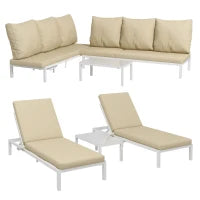 Set 2 Lettini Prendisole con Schienale Regolabile e Tavolino da Giardino in Vetro, Beige