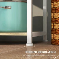 Mobile Cucina Moderno a 4 Ripiani con Cestino e Ganci in Legno e Acciaio, 90x40x84.5cm, Quercia e Bianco