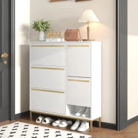 Scarpiera con sgabello per cambio scarpe, per corridoi e camere da letto, 105x25x115,5 cm, Bianco e Oro